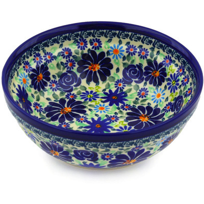 Polish Pottery Bowl 7&quot; Blue Summer Garden