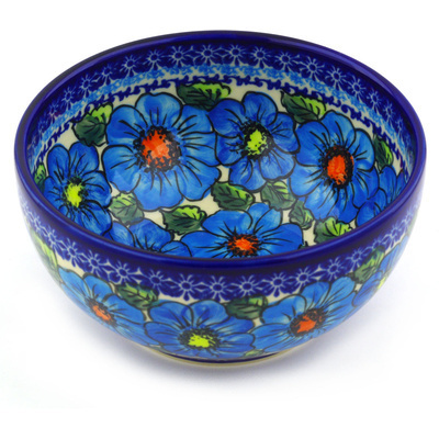 Polish Pottery Bowl 7&quot; Bold Blue Poppies UNIKAT