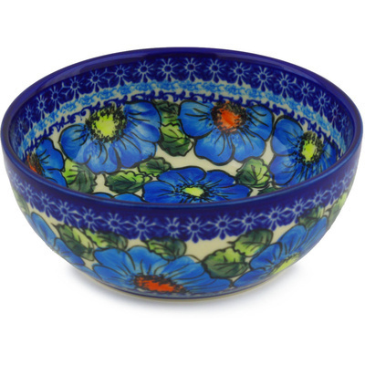 Polish Pottery Bowl 7&quot; Bold Blue Poppies UNIKAT