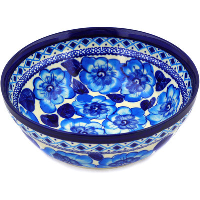 Polish Pottery Bowl 7&quot; Bright Blue Poppies UNIKAT