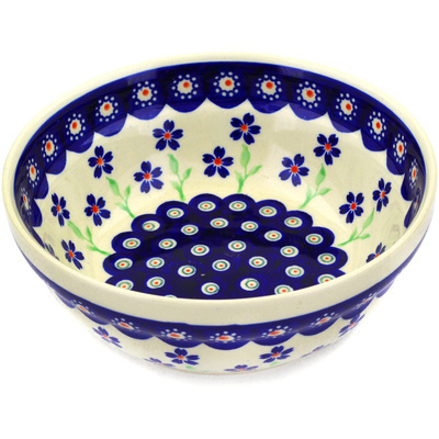 Polish Pottery Bowl 7&quot; Bright Peacock Daisy