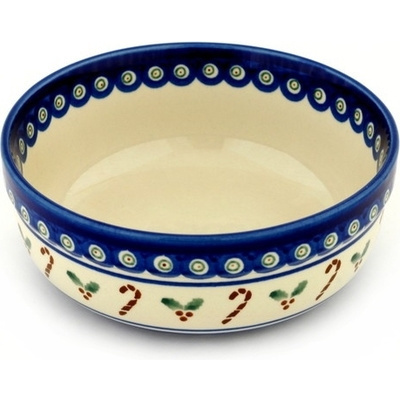 Polish Pottery Bowl 7&quot; Candy Cane Peacock