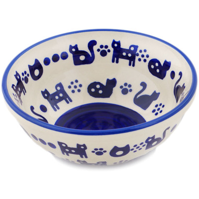 Polish Pottery Bowl 7&quot; Cobalt Kittens UNIKAT
