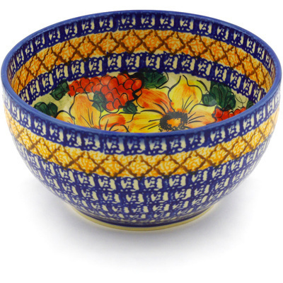 Polish Pottery Bowl 7&quot; Colorful Bouquet UNIKAT