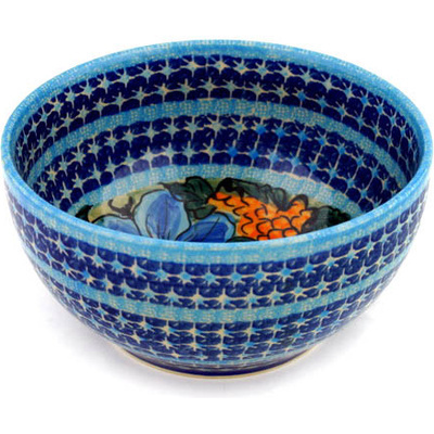 Polish Pottery Bowl 7&quot; Corn In The Blue UNIKAT