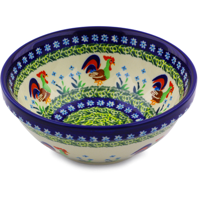 Polish Pottery Bowl 7&quot; Country Rooster UNIKAT