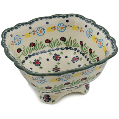 Polish Pottery Bowl 7&quot; Flowers And Ladybugs