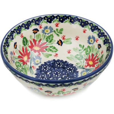 Polish Pottery Bowl 7&quot; Folk Flowers UNIKAT
