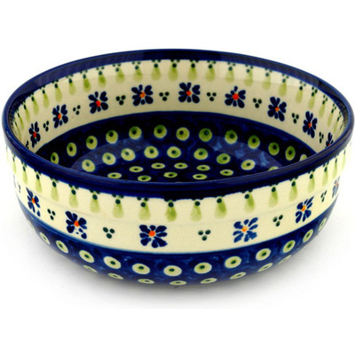 Polish Pottery Bowl 7&quot; Green Gingham Peacock