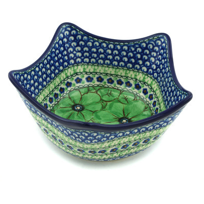 Polish Pottery Bowl 7&quot; Green Pansies UNIKAT
