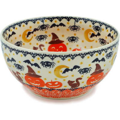 Polish Pottery Bowl 7&quot; Halloween Spooky Pumpkin