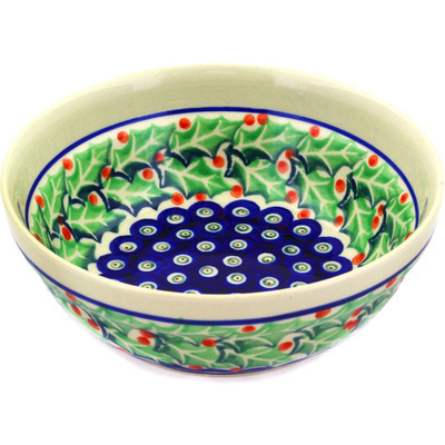Polish Pottery Bowl 7&quot; Holly Berry Wreath