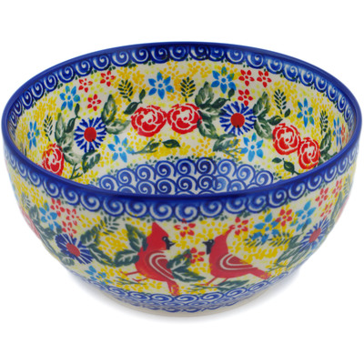 Polish Pottery Bowl 7&quot; Lovely Red Birds UNIKAT