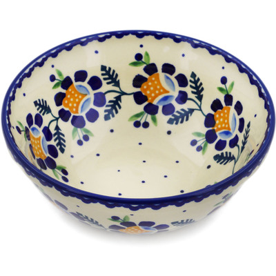 Polish Pottery Bowl 7&quot; Orange And Blue Flower