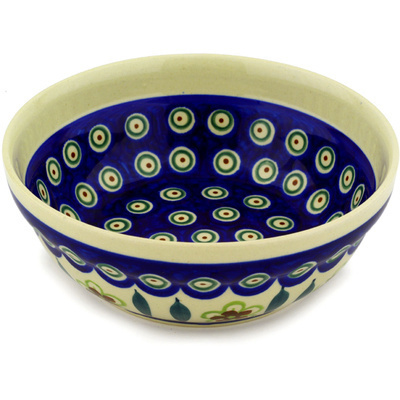 Polish Pottery Bowl 7&quot; Peacock Garden