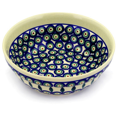 Polish Pottery Bowl 7&quot; Peacock Leaves