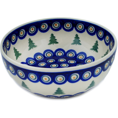 Polish Pottery Bowl 7&quot; Peacock Pines