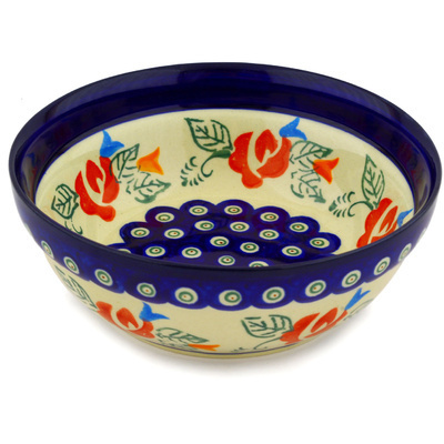 Polish Pottery Bowl 7" Peacock Rose