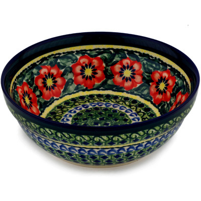 Polish Pottery Bowl 7&quot; Poppies All Around UNIKAT