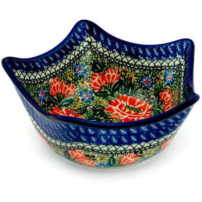 Polish Pottery Bowl 7&quot; Red Carnations UNIKAT