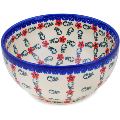 Polish Pottery Bowl 7&quot; Red Flower Lattice