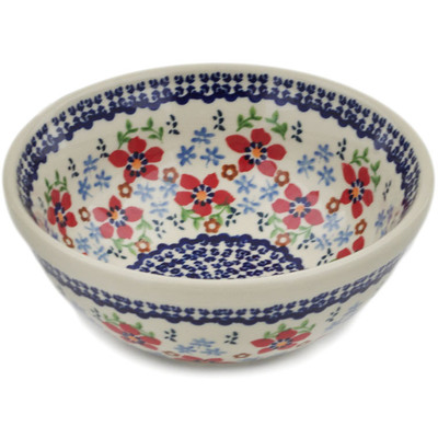 Polish Pottery Bowl 7&quot; Red Flower Meadow