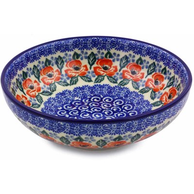 Polish Pottery Bowl 7&quot; Red Poppies On Blue