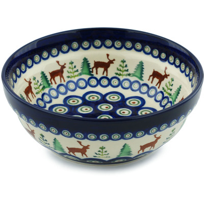 Polish Pottery Bowl 7&quot; Reindeer In The Pines