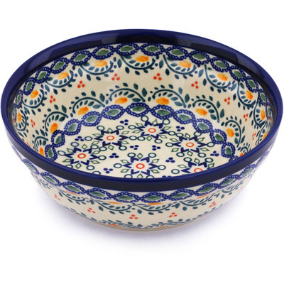 Polish Pottery Bowl 7&quot; Tatted Flower UNIKAT