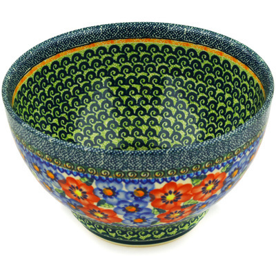 Polish Pottery Bowl 8&quot; Blue And Red Poppies UNIKAT