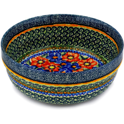 Polish Pottery Bowl 8&quot; Blue And Red Poppies UNIKAT
