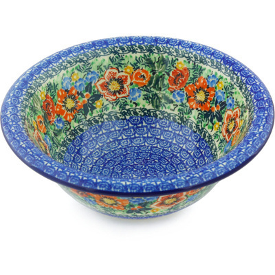 Polish Pottery Bowl 8&quot; Blue Daisy Bouquet UNIKAT