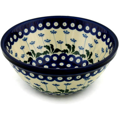 Polish Pottery Bowl 8&quot; Blue Daisy Peacock