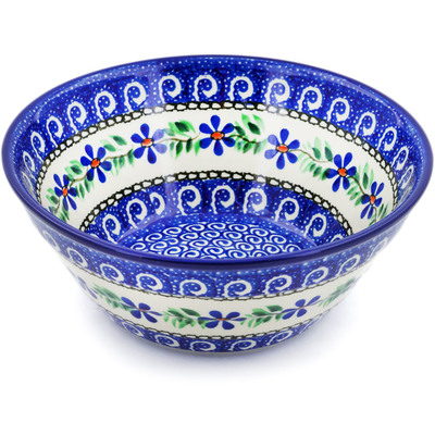 Polish Pottery Bowl 8&quot; Blue Daisy Swirls