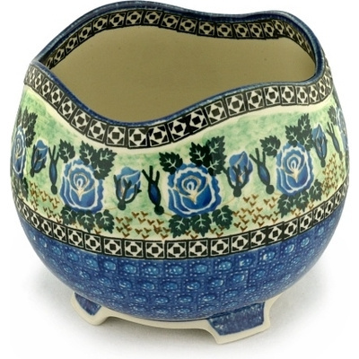 Polish Pottery Bowl 8&quot; Blue Rose Blossom UNIKAT