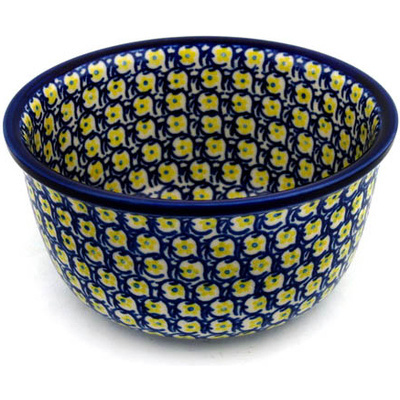 Polish Pottery Bowl 8&quot; Blue Vine Daisies