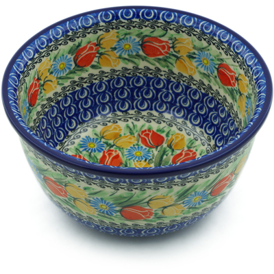 Polish Pottery Bowl 8&quot; Breathtaking Tulips UNIKAT
