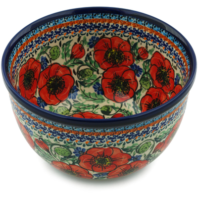 Polish Pottery Bowl 8&quot; Bursts Of Red UNIKAT