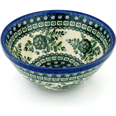 Polish Pottery Bowl 8&quot; Emerald Poppy Circle UNIKAT