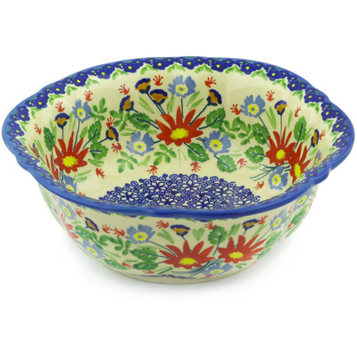 Polish Pottery Bowl 8&quot; Folk Flowers UNIKAT