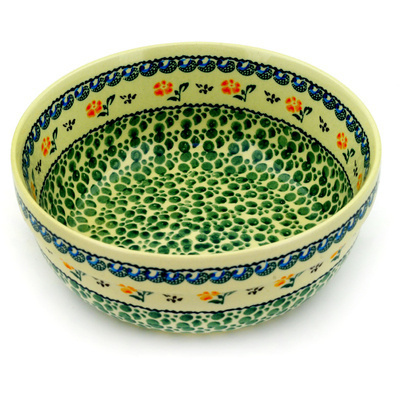 Polish Pottery Bowl 8&quot; Green Bubbles