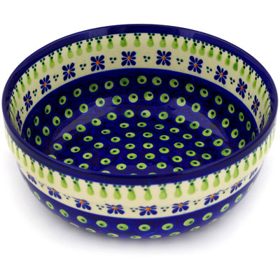 Polish Pottery Bowl 8&quot; Green Gingham Peacock