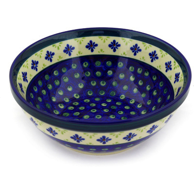 Polish Pottery Bowl 8&quot; Green Gingham Peacock