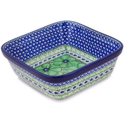 Polish Pottery Bowl 8&quot; Green Pansies UNIKAT