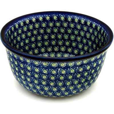 Polish Pottery Bowl 8&quot; Green Peacock Feather