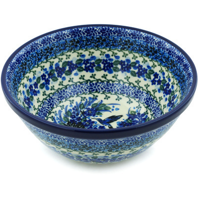 Polish Pottery Bowl 8&quot; Hummingbird Blue UNIKAT
