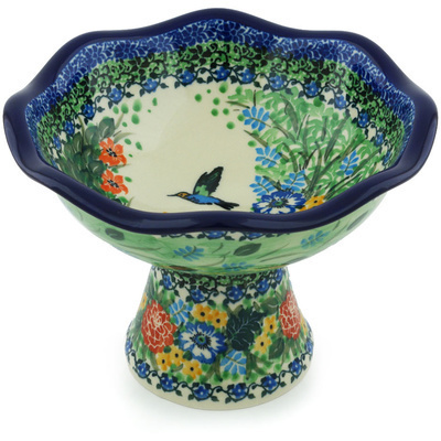 Polish Pottery Bowl 8&quot; Hummingbird Meadow UNIKAT