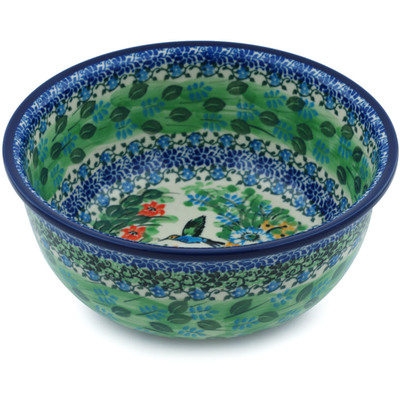 Polish Pottery Bowl 8&quot; Hummingbird Meadow UNIKAT