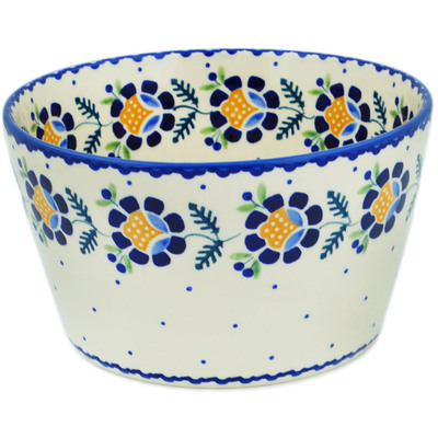 Polish Pottery Bowl 8&quot; Orange And Blue Flower