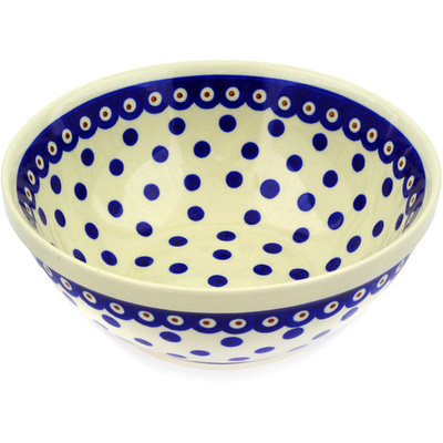 Polish Pottery Bowl 8&quot; Peacock Dots